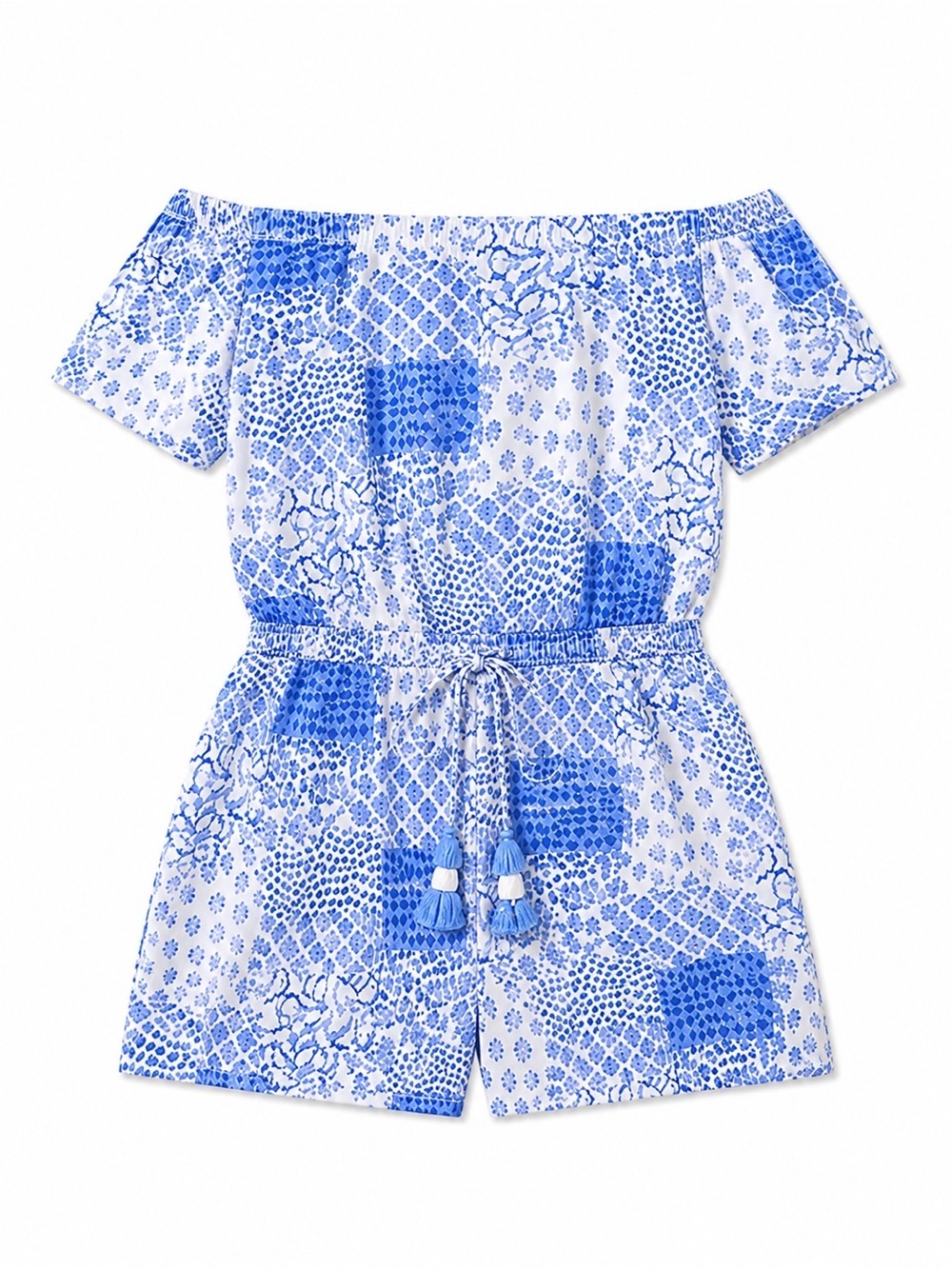 VINEYARD VINES BLUE AND WHITE OFF THE SHOULDER ROMPER WITH TASSLE DETAILS